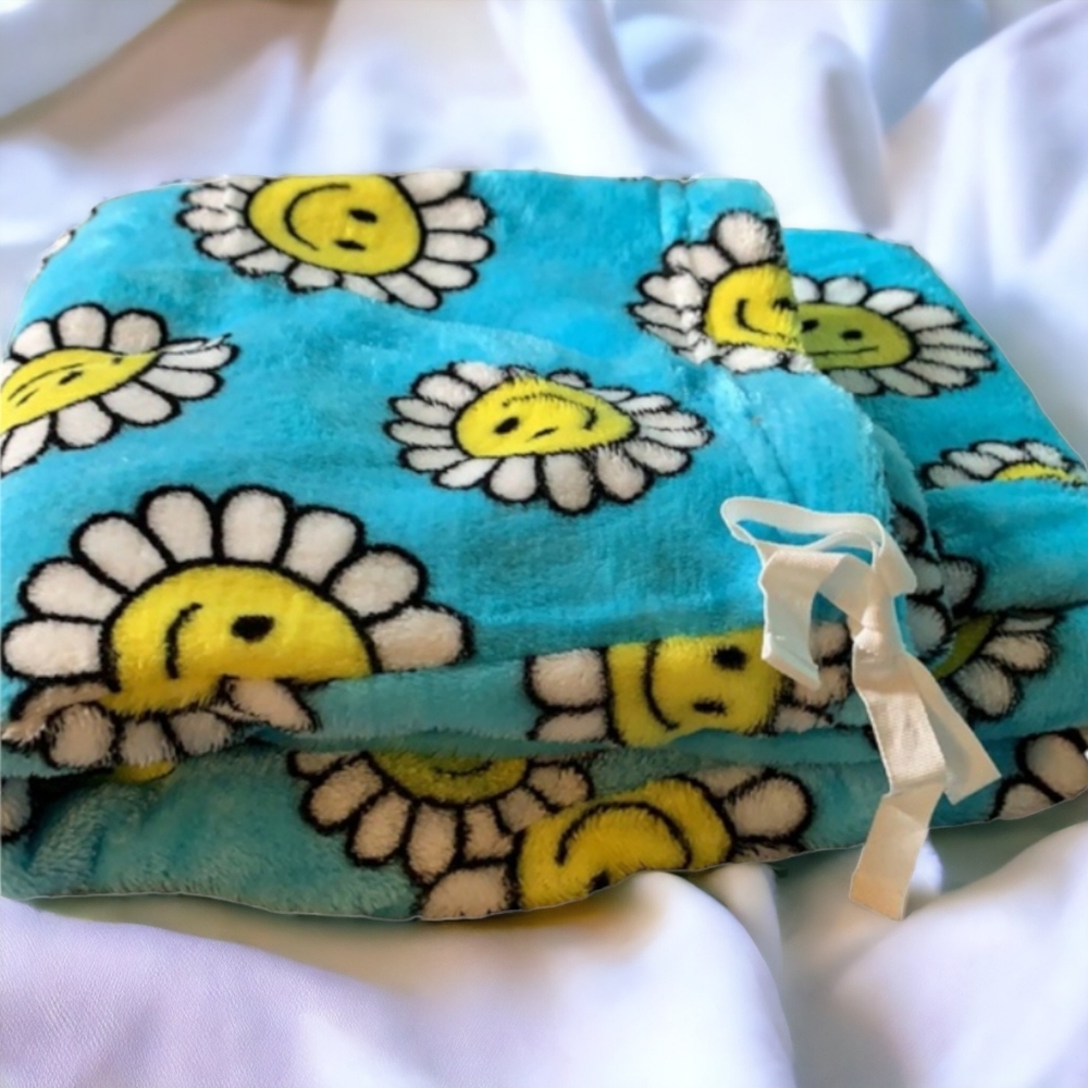 Blue Pajama Plush Pants with Flower Smiley Face Print